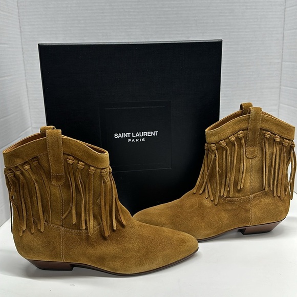 Saint Laurent YSL Ankle Boots Chelsea Boot Fringe Suede Tan Brown New Size 38 - Picture 2 of 13